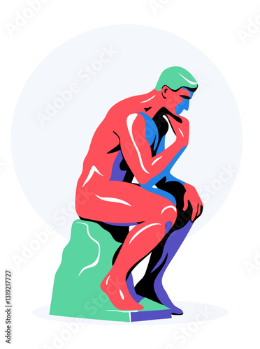 Modern vector illustration of a man in deep thought, sitting on a stump.