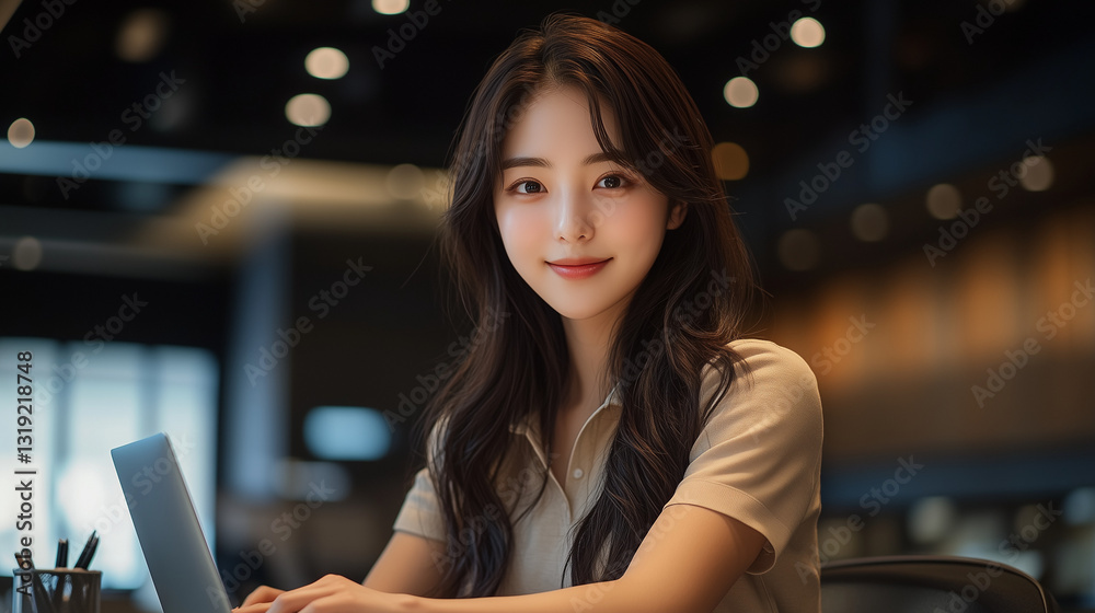 Young Korean worker focused on her task at a modern office during daytime Young Korean worker focused on her task at a modern office during daytime
