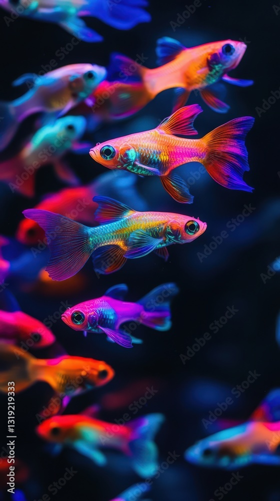 Obraz premium Vibrant Colorful Fish Swim in Dark Aquarium