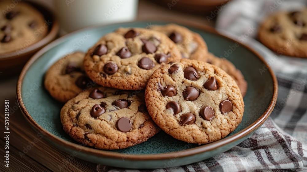 Delicious chocolate chip cookies piled on a teal plate Delicious chocolate chip cookies piled on a teal plate
