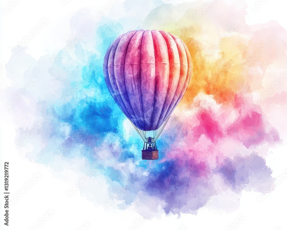 Obraz premium Vibrant Hot Air Balloon Floating Above Colorful Watercolor Background