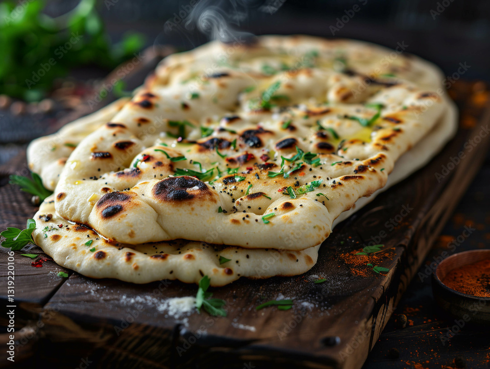 A freshly baked naan flatbreads with a crispy crust, sprinkled with black sesame seeds and parsley greens on a wooden table A freshly baked naan flatbreads with a crispy crust, sprinkled with black sesame seeds and parsley greens on a wooden table