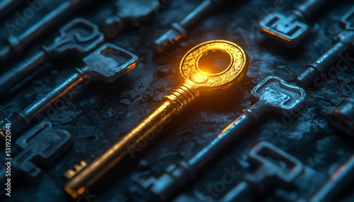 A radiant golden key surrounded by dull silver keys on a dark background, representing a beacon of opportunity and distinctiveness
