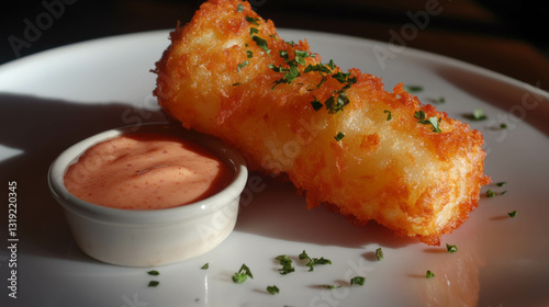 Crispy tater tot on a white plate with dipping sauce, perfect for snack or appetizer photo