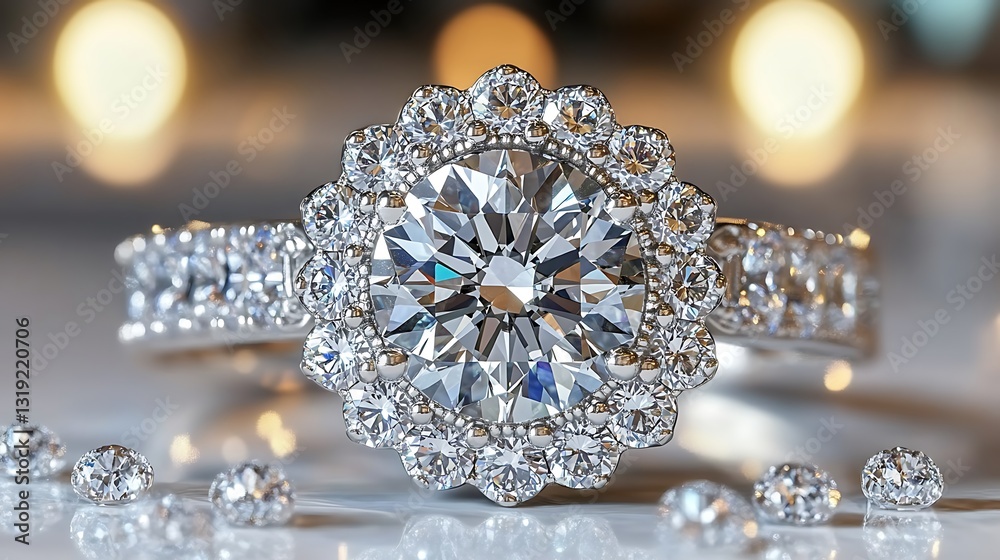 Fototapeta premium A beautifully detailed diamond ring with smaller gems displayed nearby