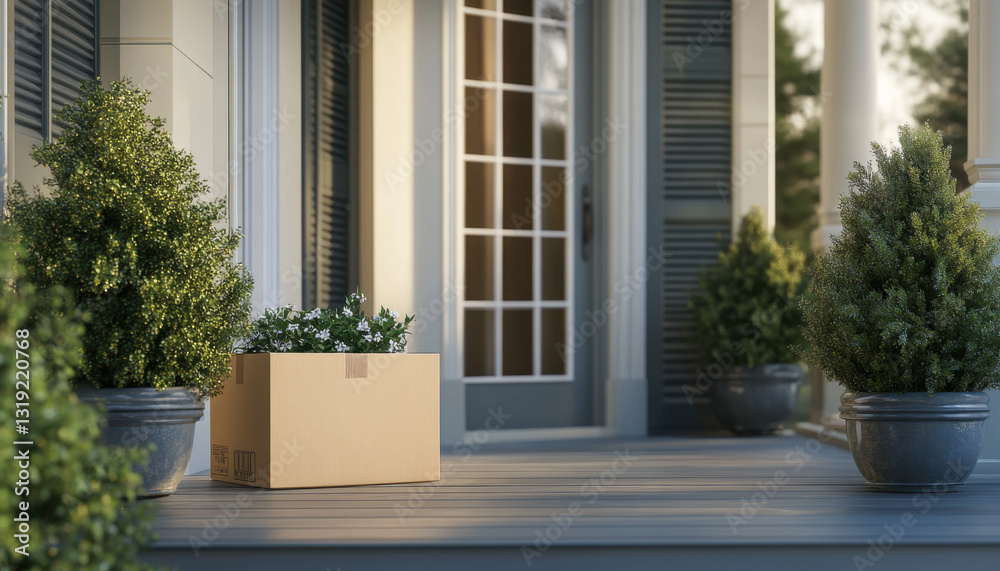 Obraz premium A cardboard box sits on the front porch beside decorative potted plants under clear blue skies in a residential setting