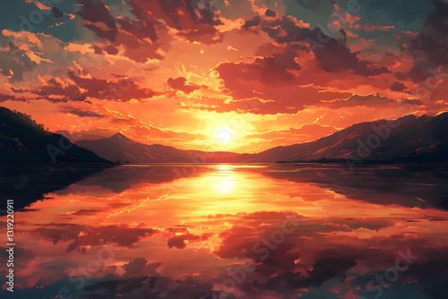 A warm sunset reflecting in the mirror-like surface of a tranquil lake