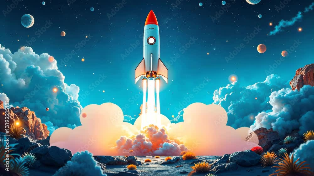 Cosmic Launch: A vibrant, imaginative illustration of a rocket blasting off into a night sky filled with celestial bodies, capturing a sense of adventure, dreams and exploration.