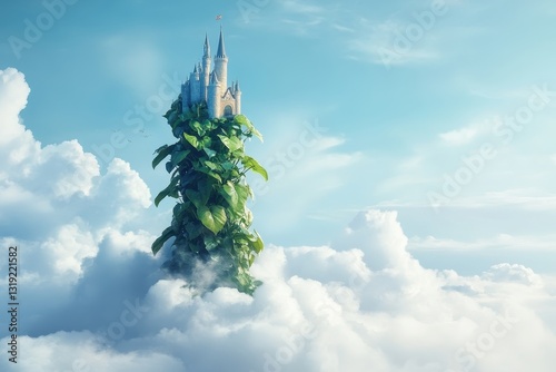 Fairytale castle growing on a giant beanstalk above the clouds photo