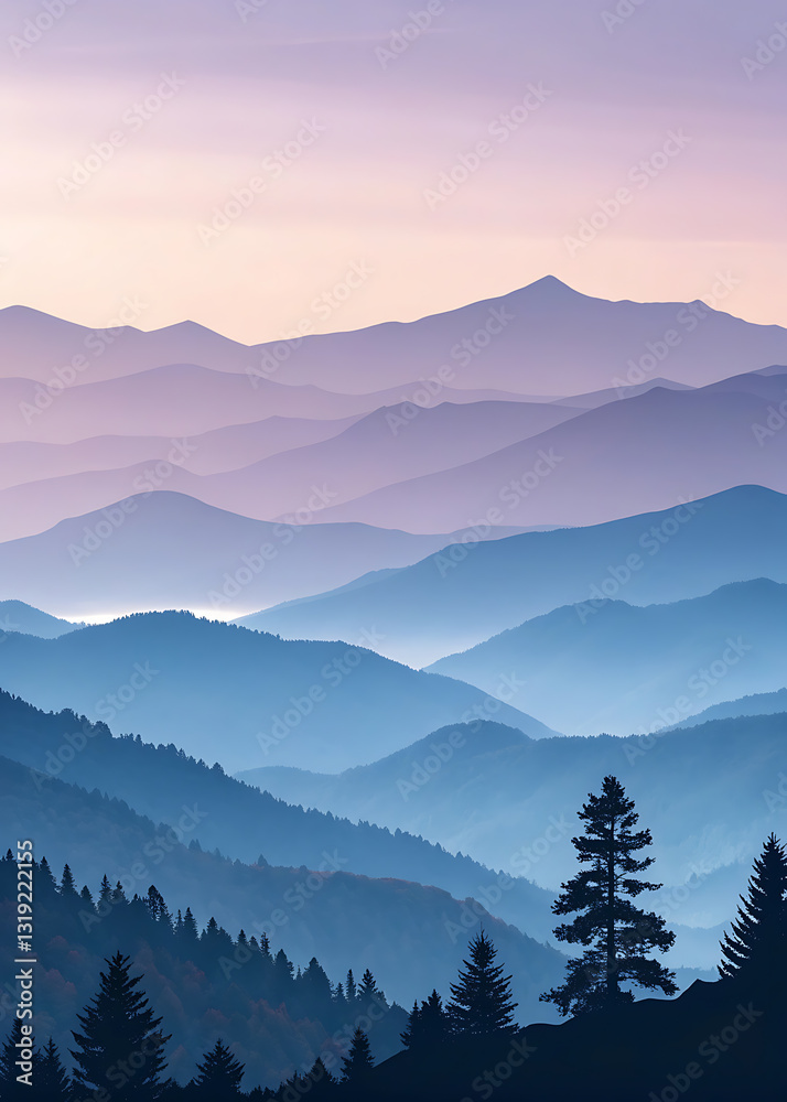 Obraz premium Serene mountain silhouettes and layered landscape at dusk.