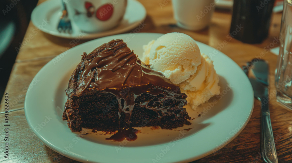 Decadent slice of chocolate lava cake with vanilla ice cream on white plate Decadent slice of chocolate lava cake with vanilla ice cream on white plate