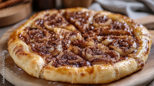 Golden-brown cinnamon swirls peek from beneath a glistening sugar crust atop a rustic wooden surface. The slight curve hints at its warm, flaky interior photo