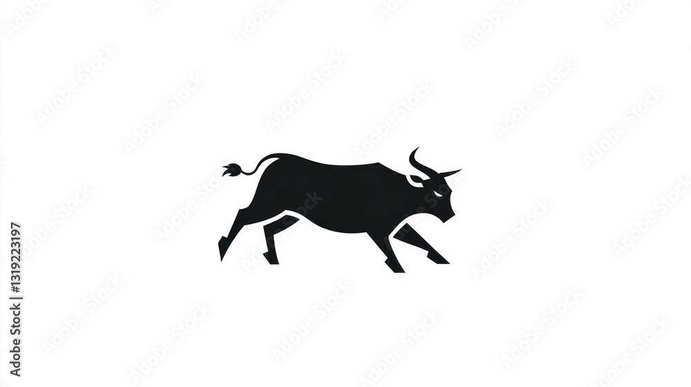 Fototapeta premium Running bull silhouette, white background, financial power concept