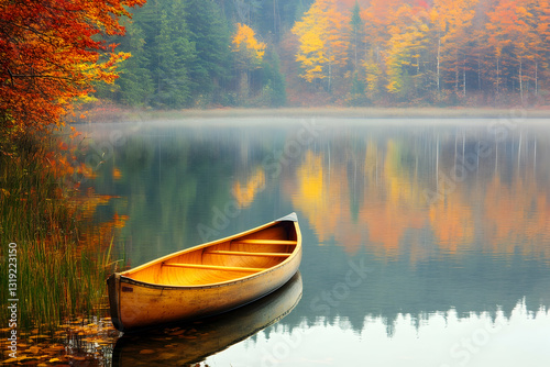 A wooden canoe gently floating on a serene autumn lake