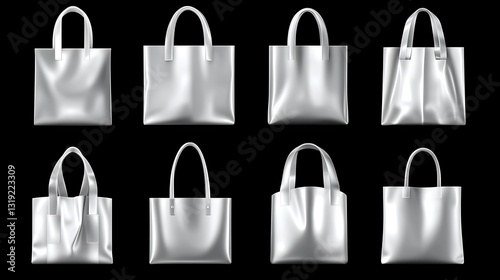 Eight silver tote bags displayed on a black background for presentation