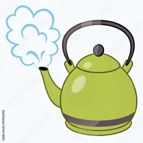 Boiling water in aluminium kettle  gas flame realistic vector illustration