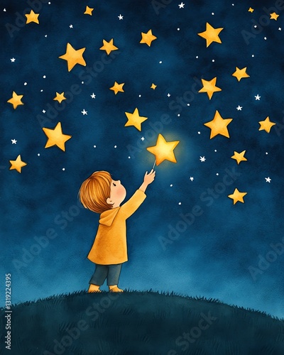 A child reaches for shining stars in a beautiful night sky.
