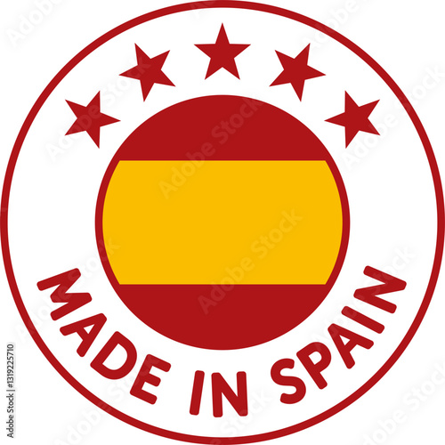  Insignia, pegatina o icono de 'Made in Spain' que simboliza la calidad y el origen de los productos españoles. Vector ligero y escalable para la web. Fondo en blanco, texto en rojo. Alta resolución.
