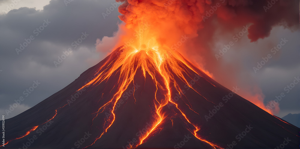 Fototapeta premium Erupting Volcano with Lava Flow