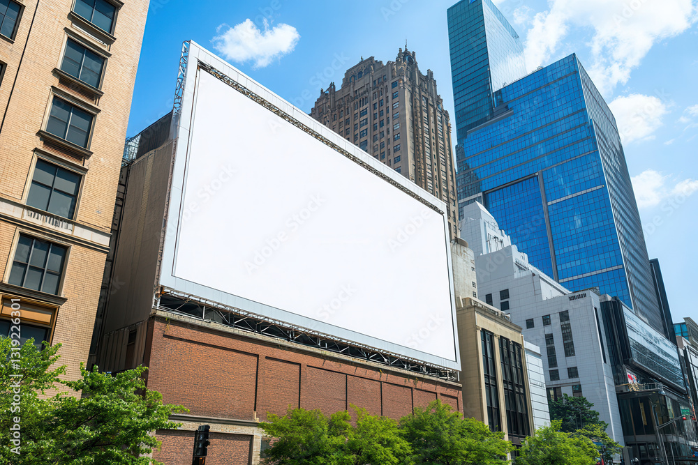 Large blank billboard between city buildings. Large blank billboard between city buildings.