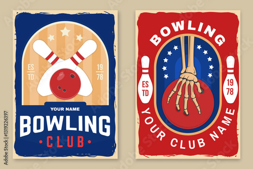 Bowling sports club stickers, logos, badges design. Vintage design with skeleton hand, bowling pins and ball silhouette. Vector.