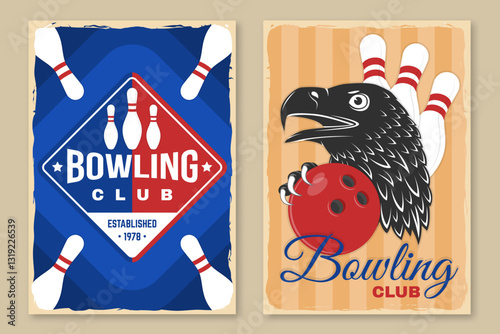 Bowling sports club flyer, poster, banner design. Vintage design with professional bowling player, eagle, bowling pins and ball silhouette. Vector.