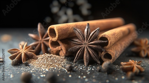 Aromatic Cinnamon Sticks And Star Anise, A Warm And Inviting Autumnal Spice Blend, Resting On A Dark Surface Sprinkled With Ground Spices And Peppercorns