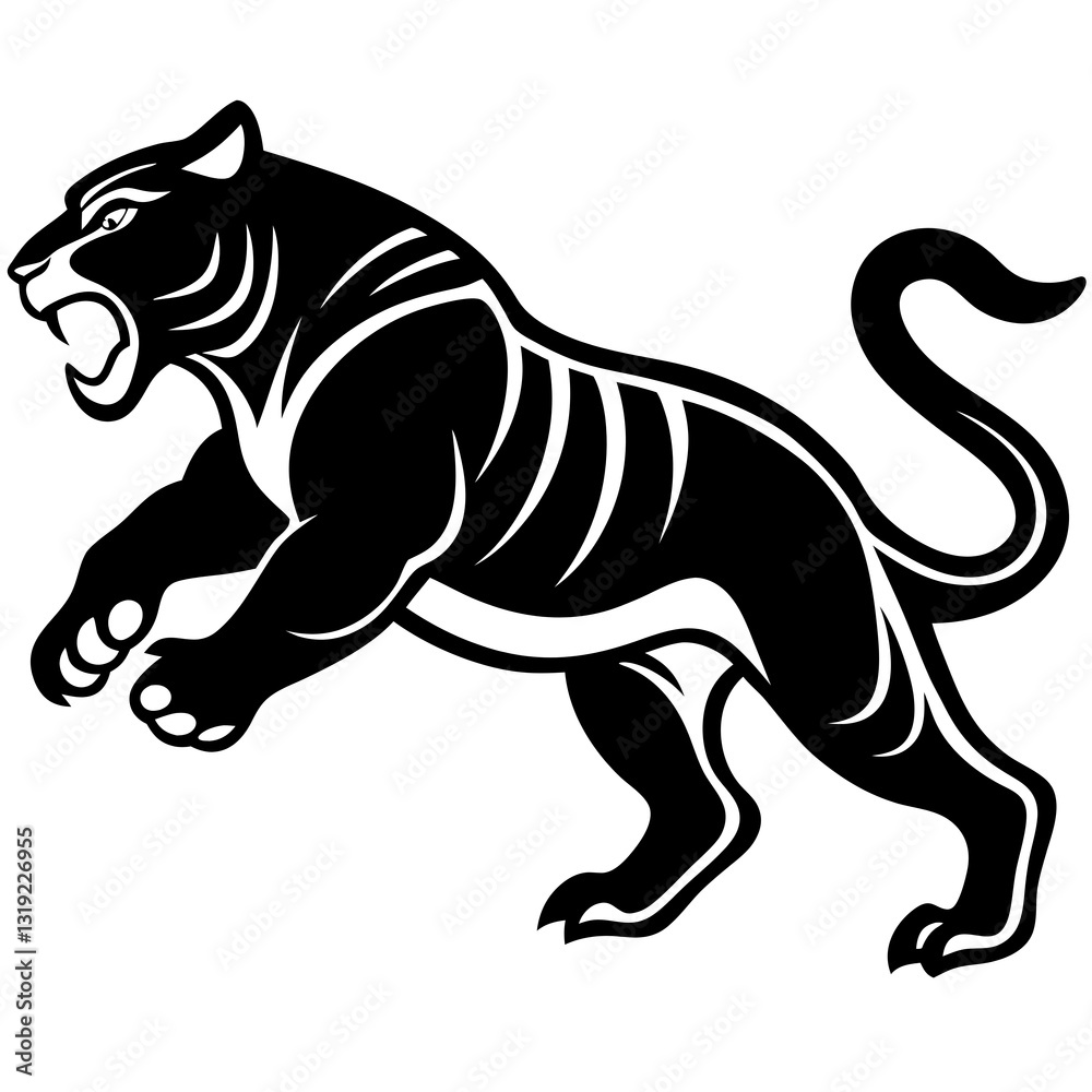 Fototapeta premium Black Silhouette of Fierce Tiger on White Background