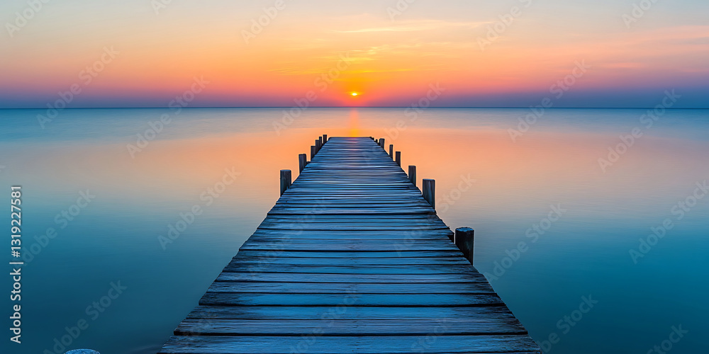 Naklejka premium Wooden Pier Stretching Out into a Calm Sea at Sunrise for Travel Escapes, Coastal Serenity, or Minimalist Photography