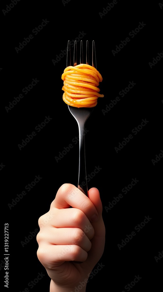 A hand holding a fork with spaghetti on it, isolated on a black background, suitable for a food advertisement. A hand holding a fork with spaghetti on it, isolated on a black background, suitable for a food advertisement.