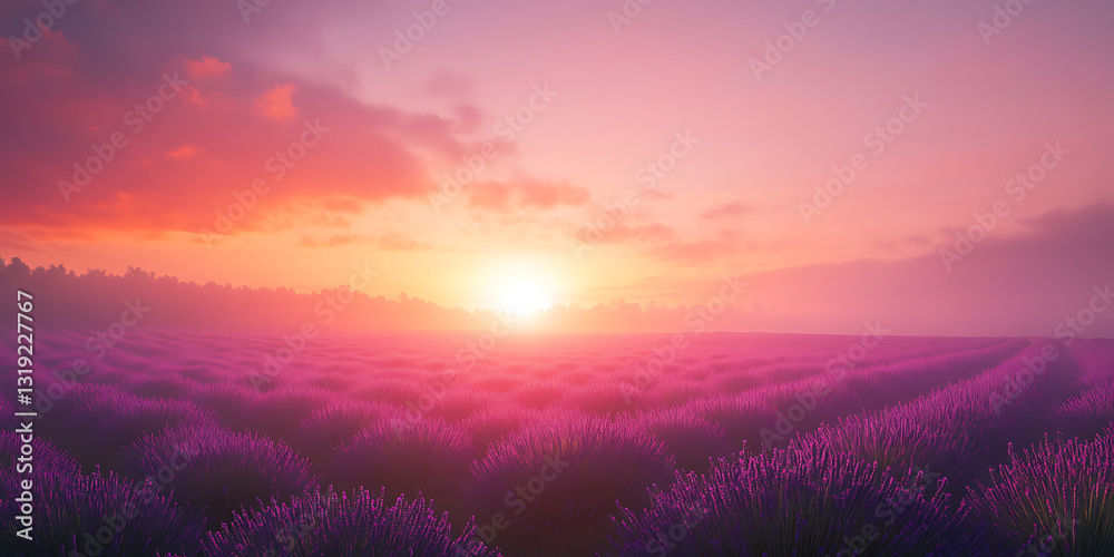 Obraz premium Breathtaking Sunrise Over a Vast Lavender Field for Nature Scenery, Aromatherapy Promotion, or Floral Art Projects