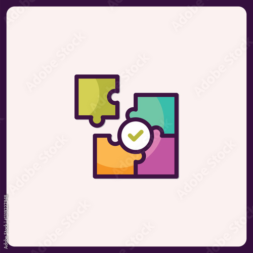 Vibrant puzzle pieces forming connection with checkmark icon, symbolizing teamwork