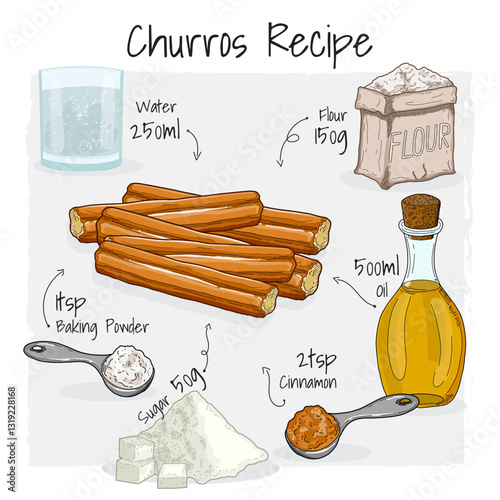 Churros Pastry Illustration Recipe Dessert with Ingredients