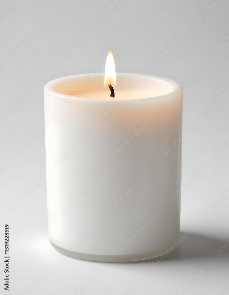 Lit White Candle with Green Leaves on a Minimal Background Lit White Candle with Green Leaves on a Minimal Background