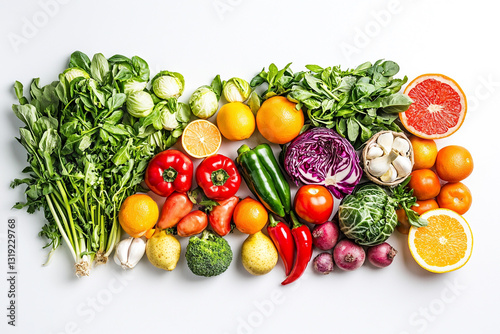 Vibrant colorful fresh produce flatlay healthy food vegetables fruits red diet green salad orange