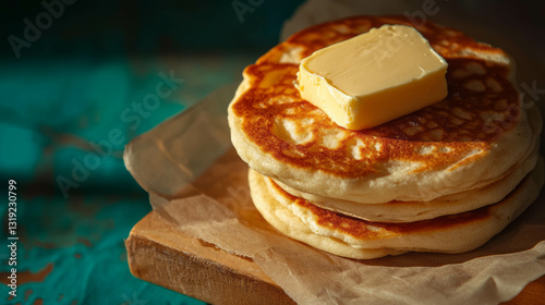 Delicious crumpets with butter on bright background for breakfast or brunch