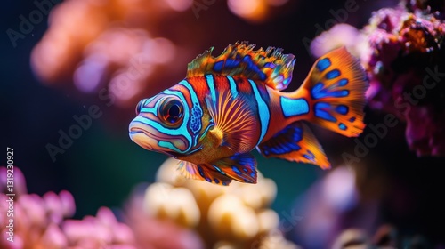 A beautiful mandarin fish with psychedelic colors and patterns swimming near coral formations.