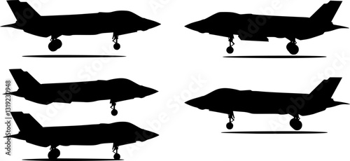 Fighter jet aircraft silhouette vector on white background, military vehicle technology, set of air force weapon in black and white.
