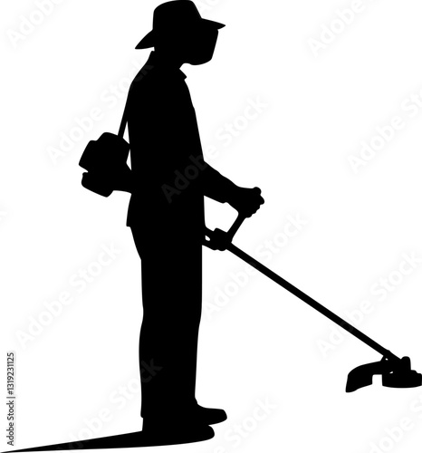 Man and grass mowing equipment silhouette
