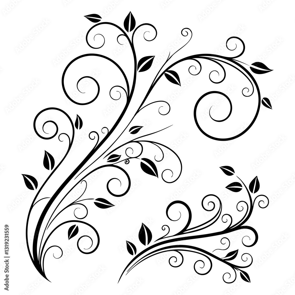 Two Stylized Floral Swirl Designs in Black Ink, Featuring Curvilinear Vines with Leaf Accents on a Plain White Background. Two Stylized Floral Swirl Designs in Black Ink, Featuring Curvilinear Vines with Leaf Accents on a Plain White Background.