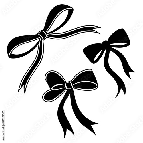  Three Black Bow Silhouettes, Featuring Variations in Shape, Ribbon Style, and Outline Detailing, Presented on a Plain White Background.