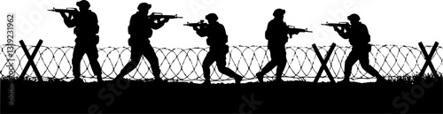 Soldiers troop with rifle gun in war silhouette vector, illustration for your background design, military man in the battle.
