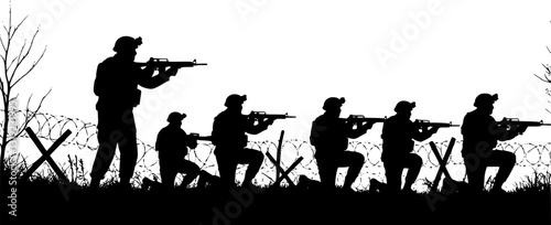 Soldiers troop with rifle gun in war silhouette vector, illustration for your background design, military man in the battle.
