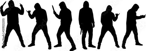 Set of robber with knife weapon in hand silhouette vector on white background
