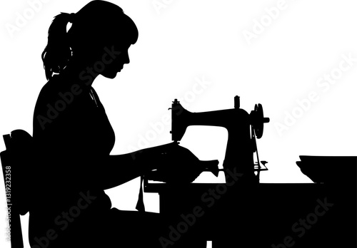Female dressmaker with sewing machine silhouette vector
