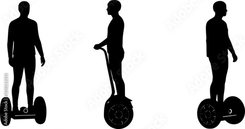 Set of young man on moving Segway hoverboard silhouette vector, transportation.
