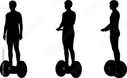 Set of young man on moving Segway hoverboard silhouette vector, transportation.
