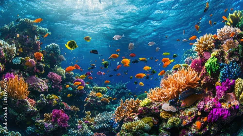 Naklejka premium A breathtaking shot of a coral reef teeming with colorful fish in every direction.