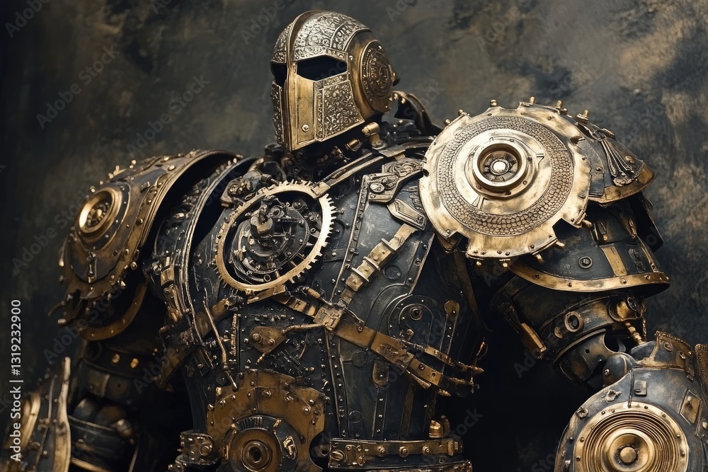 A metallic figure wearing ornate and complex steampunk armor A metallic figure wearing ornate and complex steampunk armor