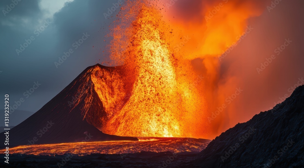 Fototapeta premium A dramatic volcano eruption with flowing lava and ash clouds.